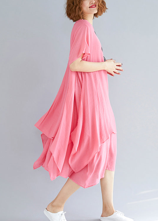 Wunderschönes asymmetrisches Leinenkleid mit Rundhalsausschnitt, Bio-Ausschnitt, rosa, Oversize-Kleid, Sommer