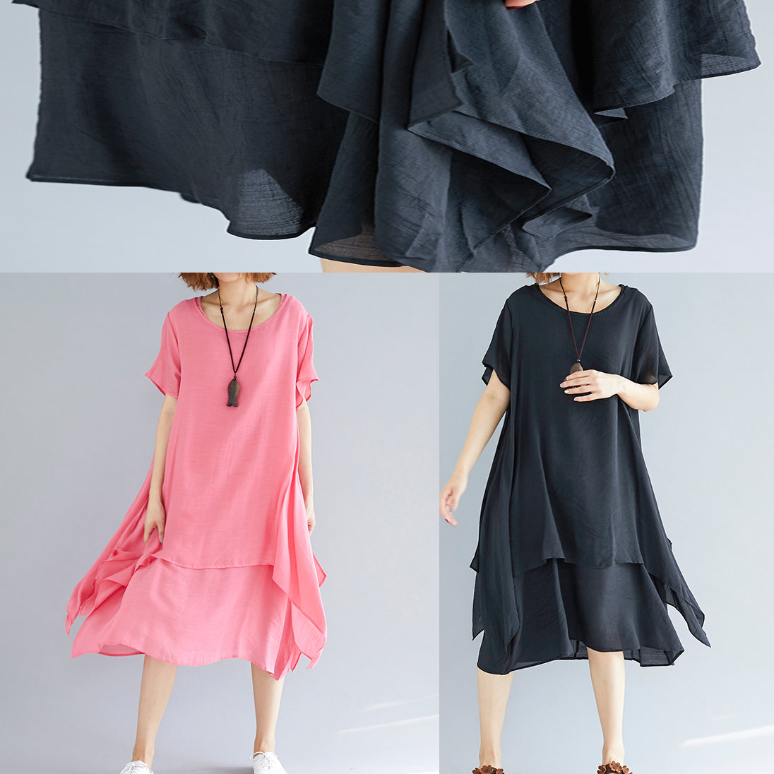 Wunderschönes asymmetrisches Leinenkleid mit Rundhalsausschnitt, Bio-Ausschnitt, rosa, Oversize-Kleid, Sommer