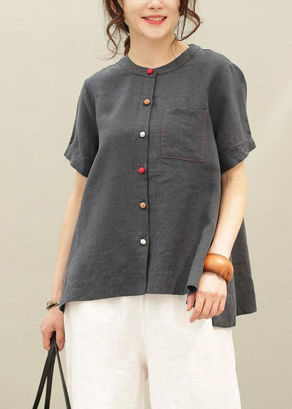 Beautiful o neck asymmetric linen summer tops silhouette Tutorials navy shirt - SooLinen