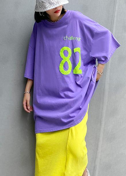 Beautiful o neck baggy cotton crane tops pattern Letter tops - SooLinen