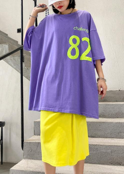 Beautiful o neck baggy cotton crane tops pattern Letter tops - SooLinen