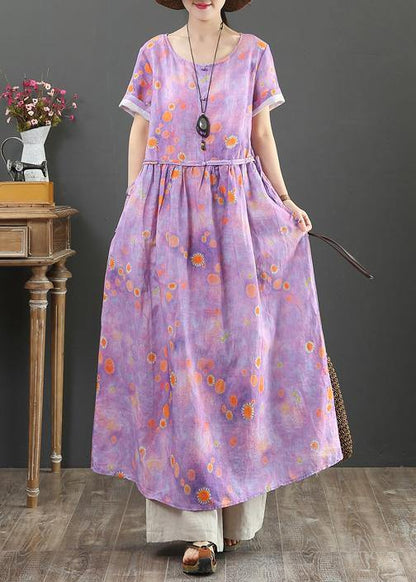 Beautiful o neck drawstring cotton linen summer clothes purple print Dress - SooLinen