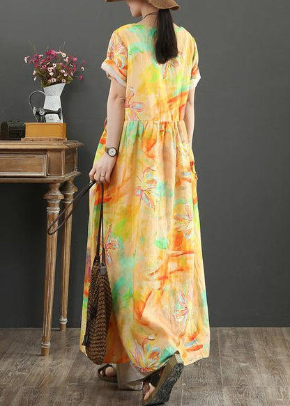 Beautiful o neck drawstring cotton linen summer clothes purple print Dress - SooLinen