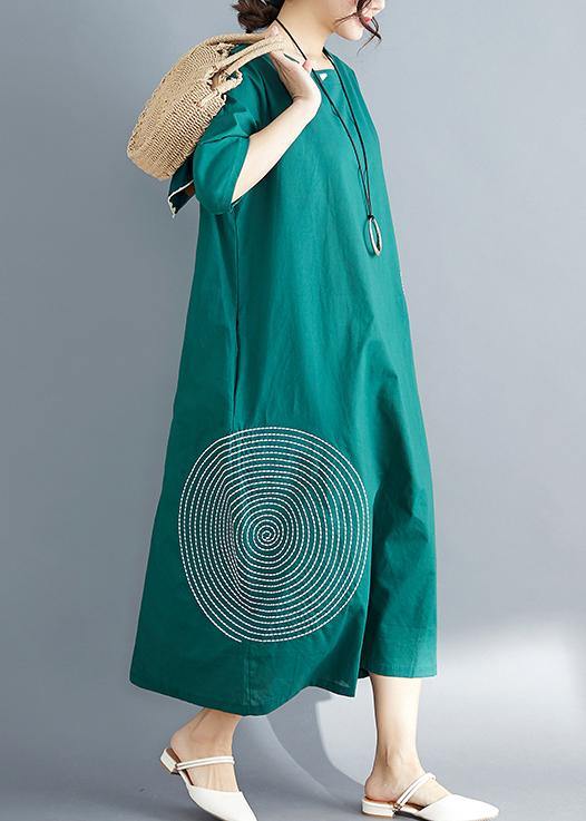 Beautiful o neck embroidery cotton dress plus size pattern green Dress Summer - SooLinen