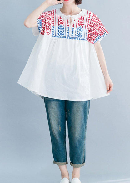 Beautiful o neck embroidery cotton linen tops silhouette white Midi tops summer - SooLinen