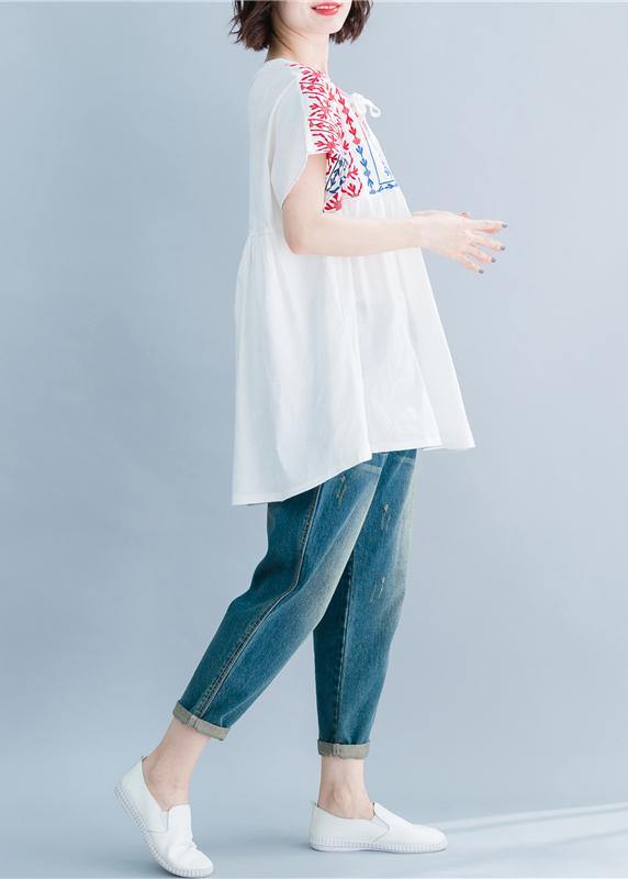 Beautiful o neck embroidery cotton linen tops silhouette white Midi tops summer - SooLinen