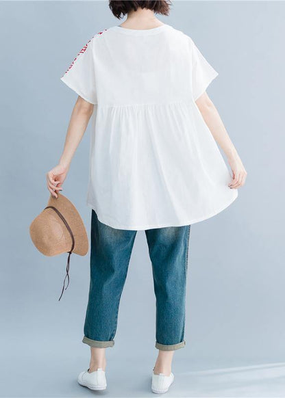 Beautiful o neck embroidery cotton linen tops silhouette white Midi tops summer - SooLinen