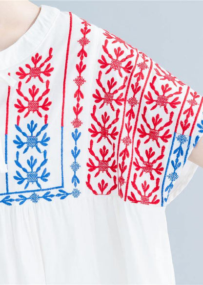 Beautiful o neck embroidery cotton linen tops silhouette white Midi tops summer - SooLinen