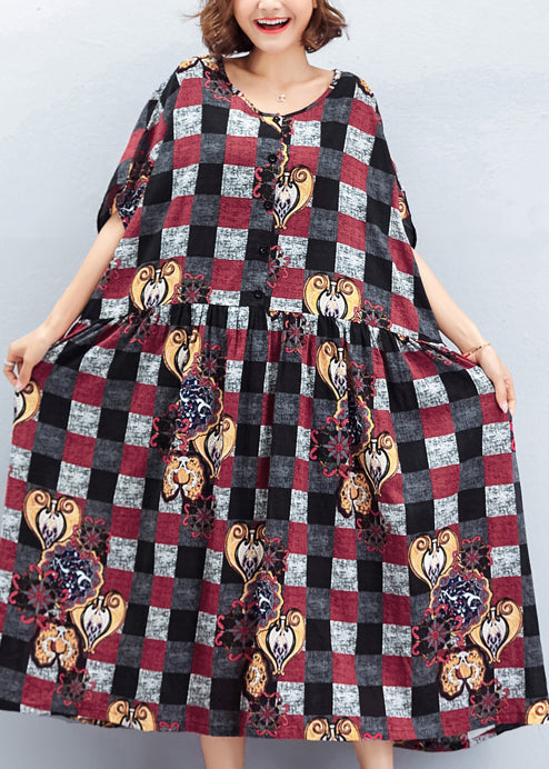 Schöne O-Ausschnitt große Saum Leinen Quilting Kleider zu bekommen Design rot Plaid Art Kleid Sommer