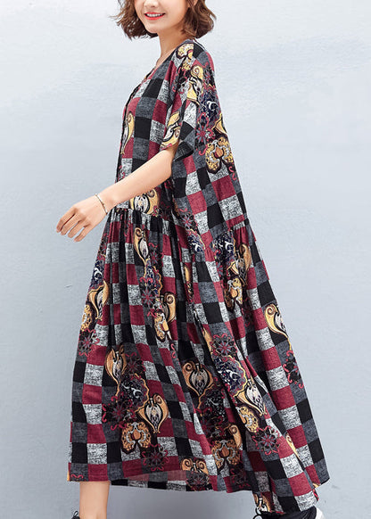 Schöne O-Ausschnitt große Saum Leinen Quilting Kleider zu bekommen Design rot Plaid Art Kleid Sommer