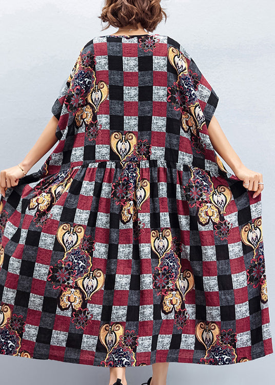 Schöne O-Ausschnitt große Saum Leinen Quilting Kleider zu bekommen Design rot Plaid Art Kleid Sommer