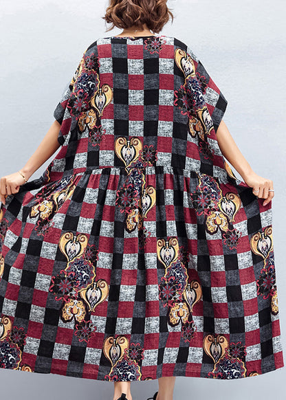 Schöne O-Ausschnitt große Saum Leinen Quilting Kleider zu bekommen Design rot Plaid Art Kleid Sommer