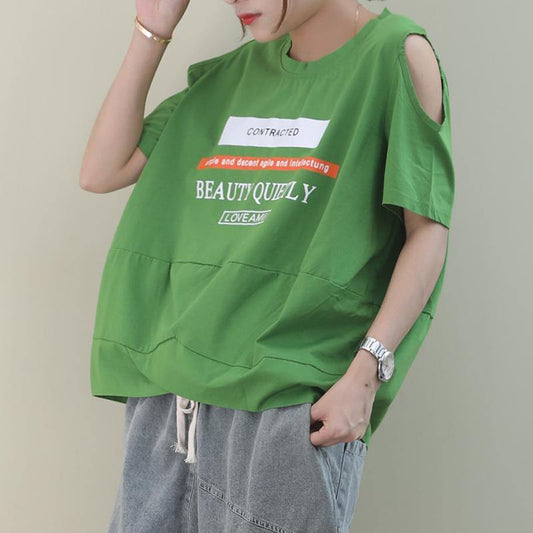 Beautiful o neck off the shoulder cotton Blouse design green print tops - SooLinen