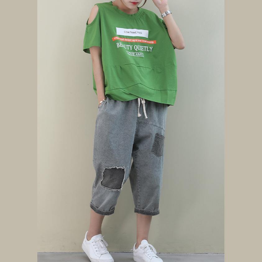 Beautiful o neck off the shoulder cotton Blouse design green print tops - SooLinen