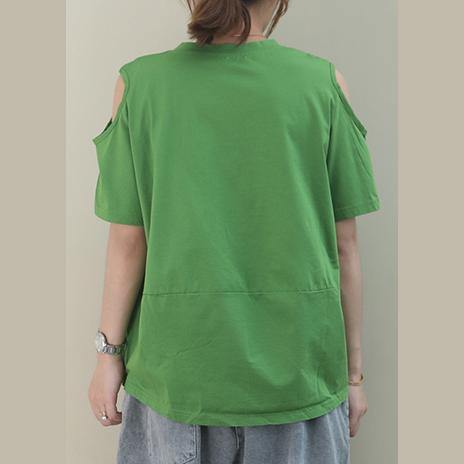 Beautiful o neck off the shoulder cotton Blouse design green print tops - SooLinen