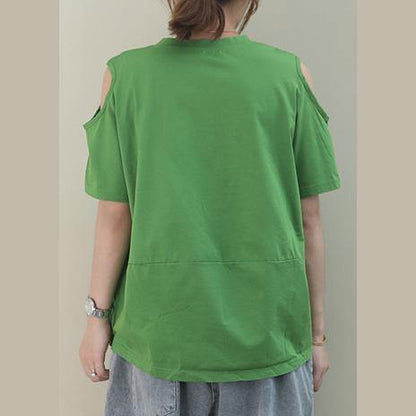 Beautiful o neck off the shoulder cotton Blouse design green print tops - SooLinen