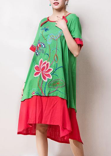 Beautiful o neck patchwork cotton linen quilting dresses Inspiration green embroidery Dress summer - SooLinen