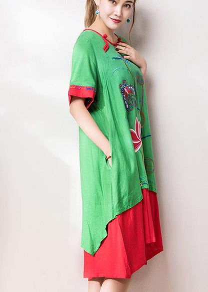Beautiful o neck patchwork cotton linen quilting dresses Inspiration green embroidery Dress summer - SooLinen