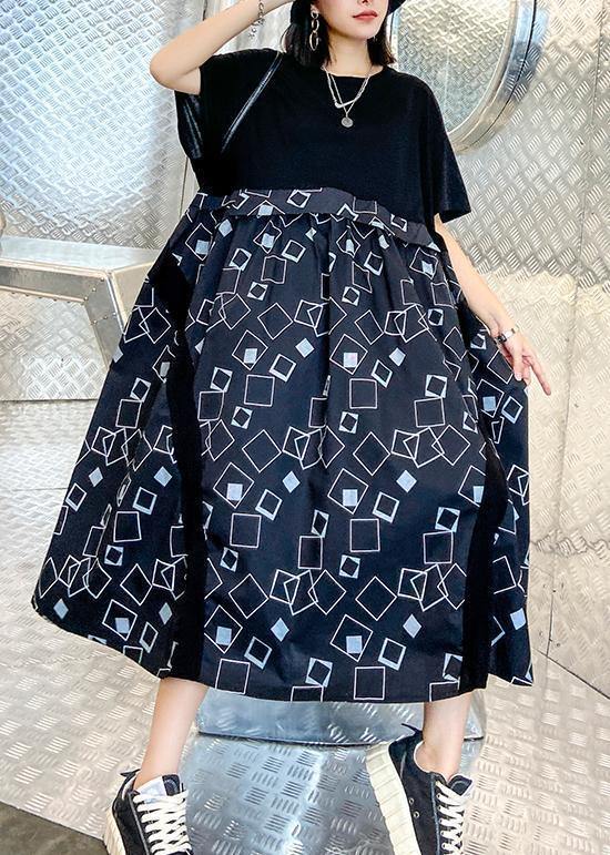 Beautiful o neck patchwork summer dress black print long Dress - SooLinen