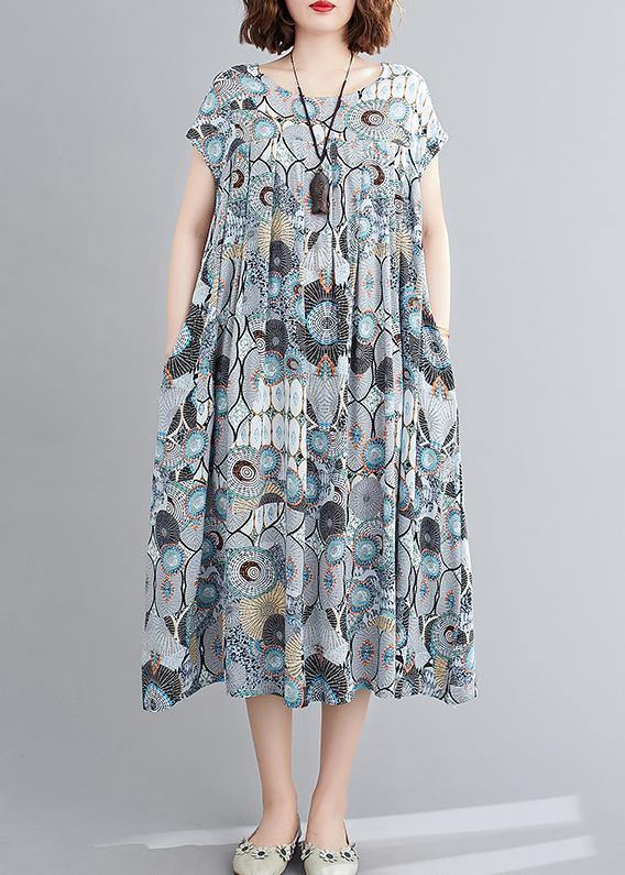 Beautiful o neck Cinched summer clothes Inspiration blue print Dresses - SooLinen