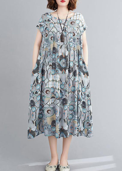 Beautiful o neck Cinched summer clothes Inspiration blue print Dresses - SooLinen