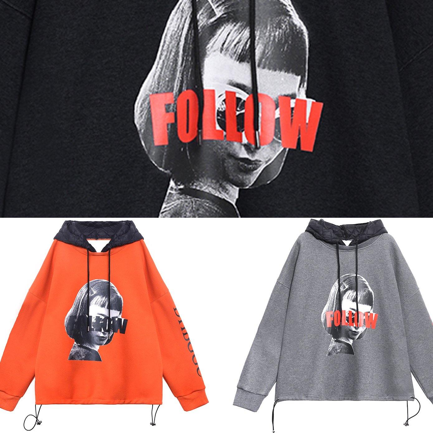 Beautiful orange Figure printing clothes For Women Tutorials hooded blouse - SooLinen