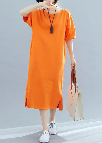 Beautiful orange cotton quilting clothes o neck side open A Line summer Dresses - SooLinen