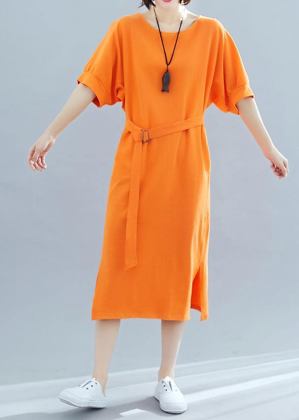 Beautiful orange cotton quilting clothes o neck side open A Line summer Dresses - SooLinen