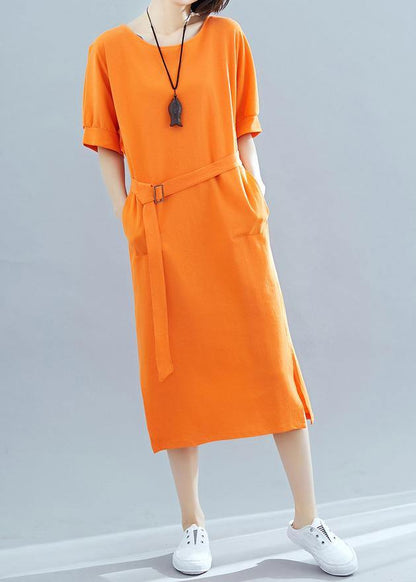 Beautiful orange cotton quilting clothes o neck side open A Line summer Dresses - SooLinen