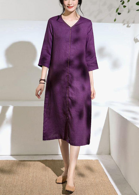 Beautiful purple linen Robes v neck tie waist Dress - SooLinen
