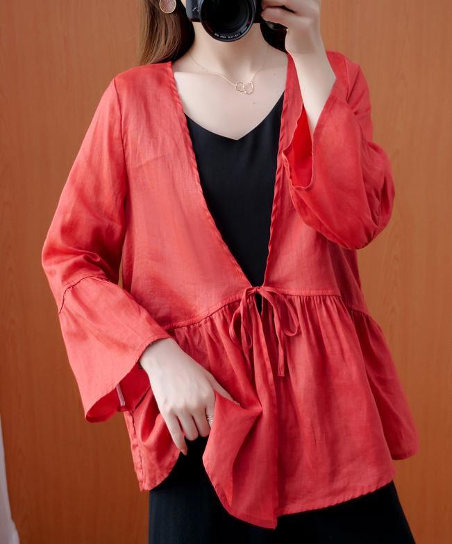 Beautiful red tunics for women v neck Ruffles loose summer blouses - SooLinen