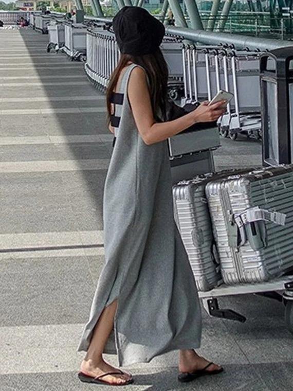 Beautiful sleeveless side open cotton summer Tunics gray Maxi Dress - SooLinen