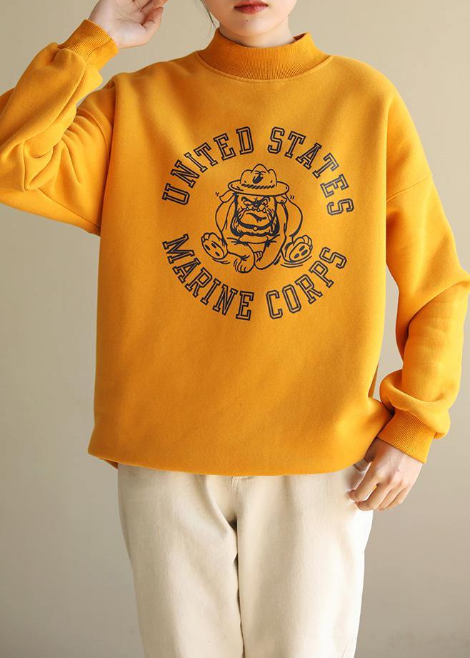 Beautiful yellow cotton tunics for women half high neck oversized prints Sweatshirt - SooLinen