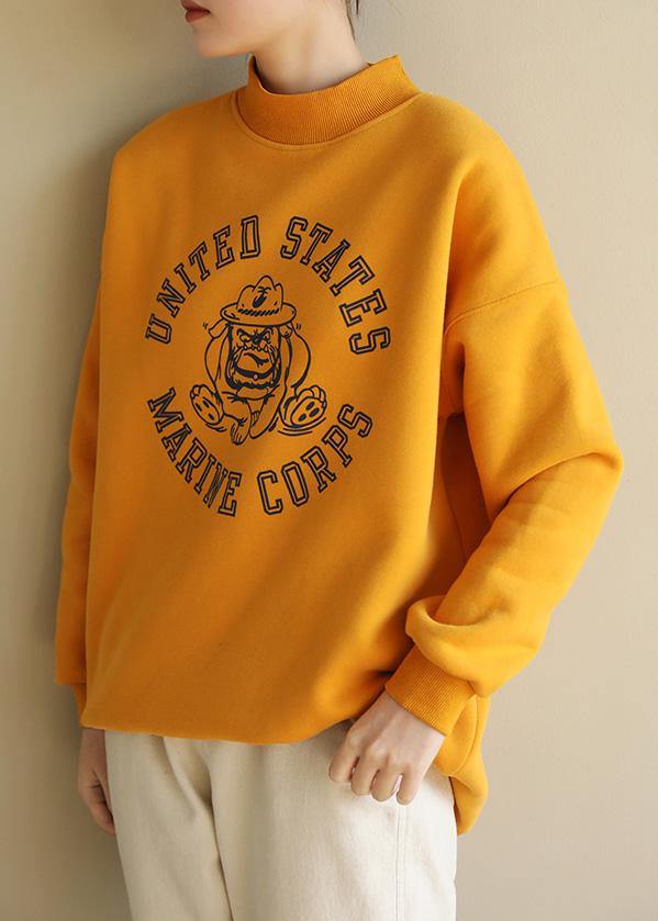 Beautiful yellow cotton tunics for women half high neck oversized prints Sweatshirt - SooLinen