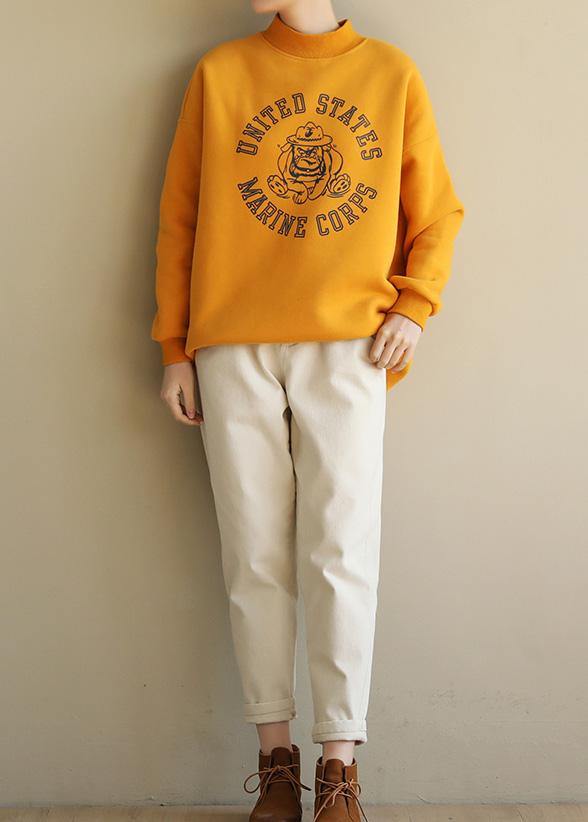 Beautiful yellow cotton tunics for women half high neck oversized prints Sweatshirt - SooLinen