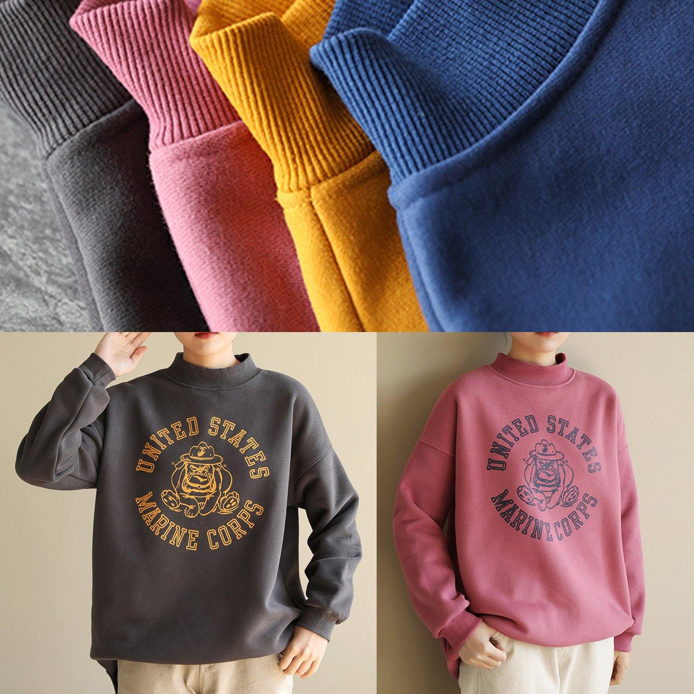 Beautiful yellow cotton tunics for women half high neck oversized prints Sweatshirt - SooLinen