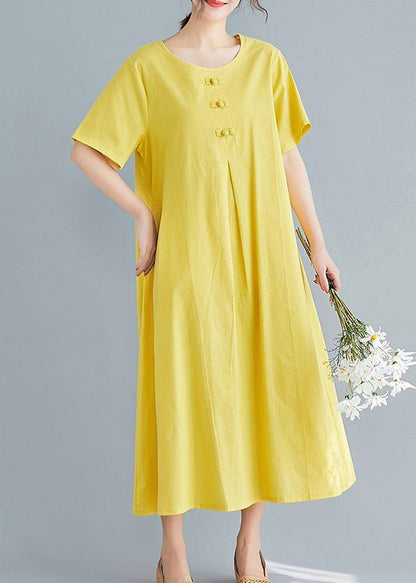 Beautiful yellow solid color cotton tunics for women o neck long summer Dress - SooLinen