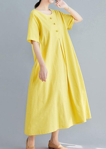 Beautiful yellow solid color cotton tunics for women o neck long summer Dress - SooLinen