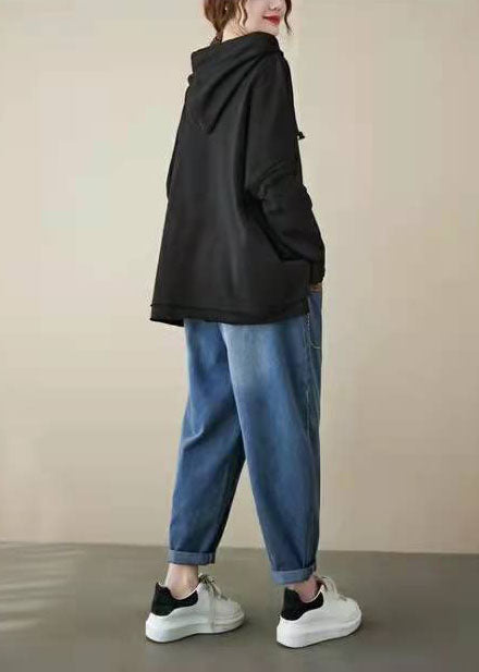 Wunderschönes, marineblaues Sweatshirt-Oberteil mit Kapuze, Kordelzug und Stickerei, seitlich offen