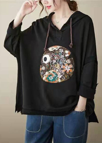 Wunderschönes, marineblaues Sweatshirt-Oberteil mit Kapuze, Kordelzug und Stickerei, seitlich offen