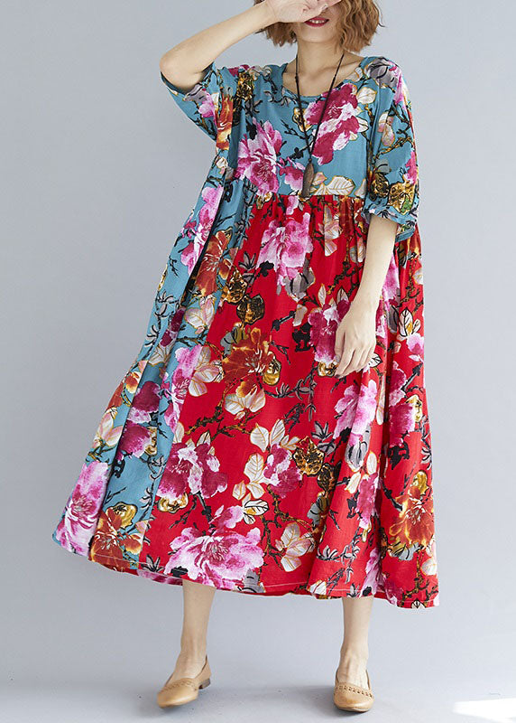 Schönes rot-grünes Print-Leinen-Baumwoll-Steppkleid mit Rundhalsausschnitt und Patchwork-Muster, lockeres Sommerkleid