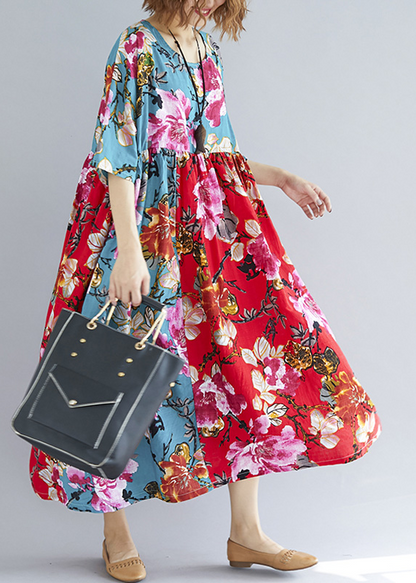 Schönes rot-grünes Print-Leinen-Baumwoll-Steppkleid mit Rundhalsausschnitt und Patchwork-Muster, lockeres Sommerkleid