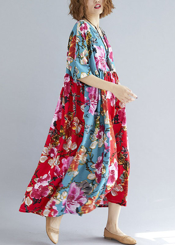 Schönes rot-grünes Print-Leinen-Baumwoll-Steppkleid mit Rundhalsausschnitt und Patchwork-Muster, lockeres Sommerkleid