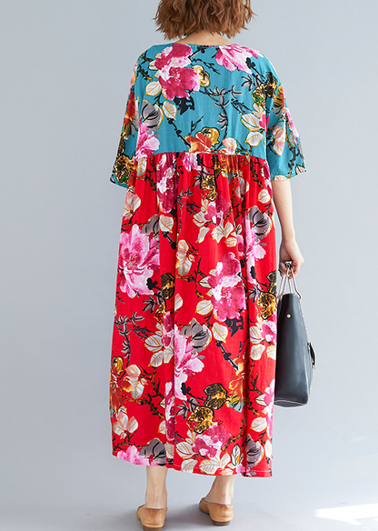 Schönes rot-grünes Print-Leinen-Baumwoll-Steppkleid mit Rundhalsausschnitt und Patchwork-Muster, lockeres Sommerkleid