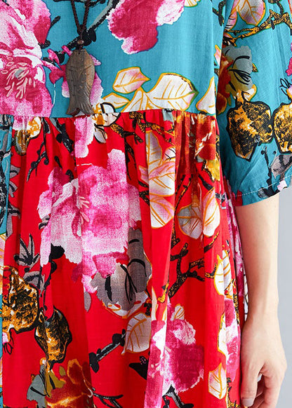 Schönes rot-grünes Print-Leinen-Baumwoll-Steppkleid mit Rundhalsausschnitt und Patchwork-Muster, lockeres Sommerkleid