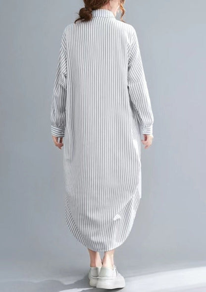 Schöne nackte weiße gestreifte Leinenkleidung für Frauen Korea Nähen Seite offen Kleider Reverskragen Kleider