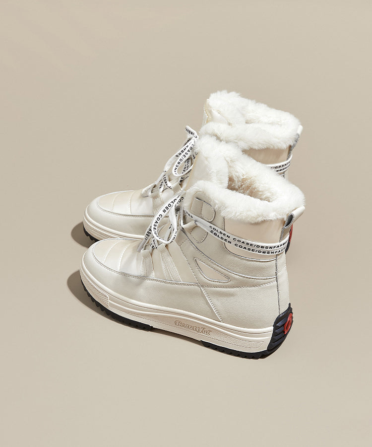 Beigefarbene Plateau-Stiefel aus Rindsleder mit Schnürung