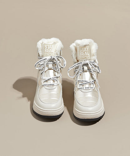 Beigefarbene Plateau-Stiefel aus Rindsleder mit Schnürung