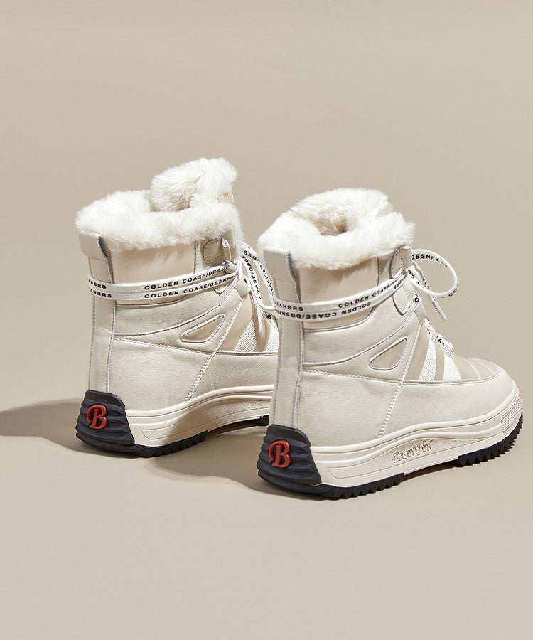 Beigefarbene Plateau-Stiefel aus Rindsleder mit Schnürung