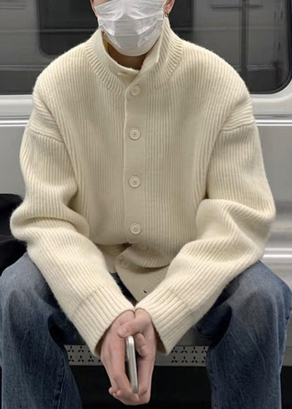 Beige Button Cozy Knit Mens Coats Casual Clothing Turtleneck